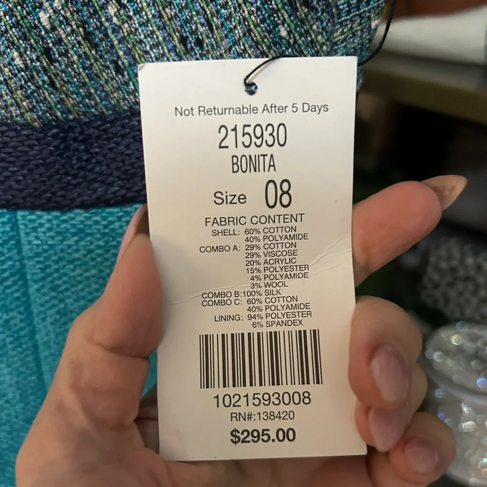 NWT Etcetera Bonita Aqua Navy Sheer Tweed Knee length Sheath Dress Size 8